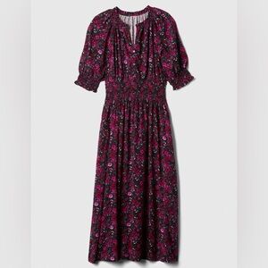 GAP Black & Pink Floral Long Sleeve Midi Dress w Smocked Sleeves & Waist
